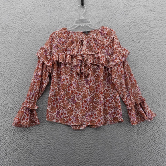 J CREW Ruffle Crinkle Chiffon Floral Print Top Small Orange Purple Womens Ruffle - Picture 1 of 12